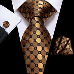 Luxury Hi-Tie 100% Silk Paisley Black Gold Orange Dot Necktie with Pocket Square and Cufflinks Set