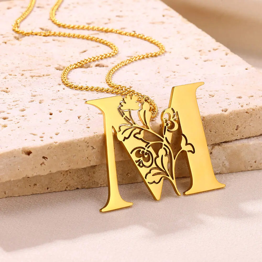 Exquisite Luxury Stainless Steel Alphabet Flower Leaf Vine Initial Letters Pendant Necklace