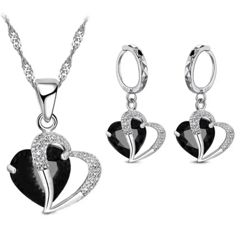 Exquisite Elegant 925 Sterling Silver Cubic Zircon Crystal Heart Pendant Necklace and Earrings Sets
