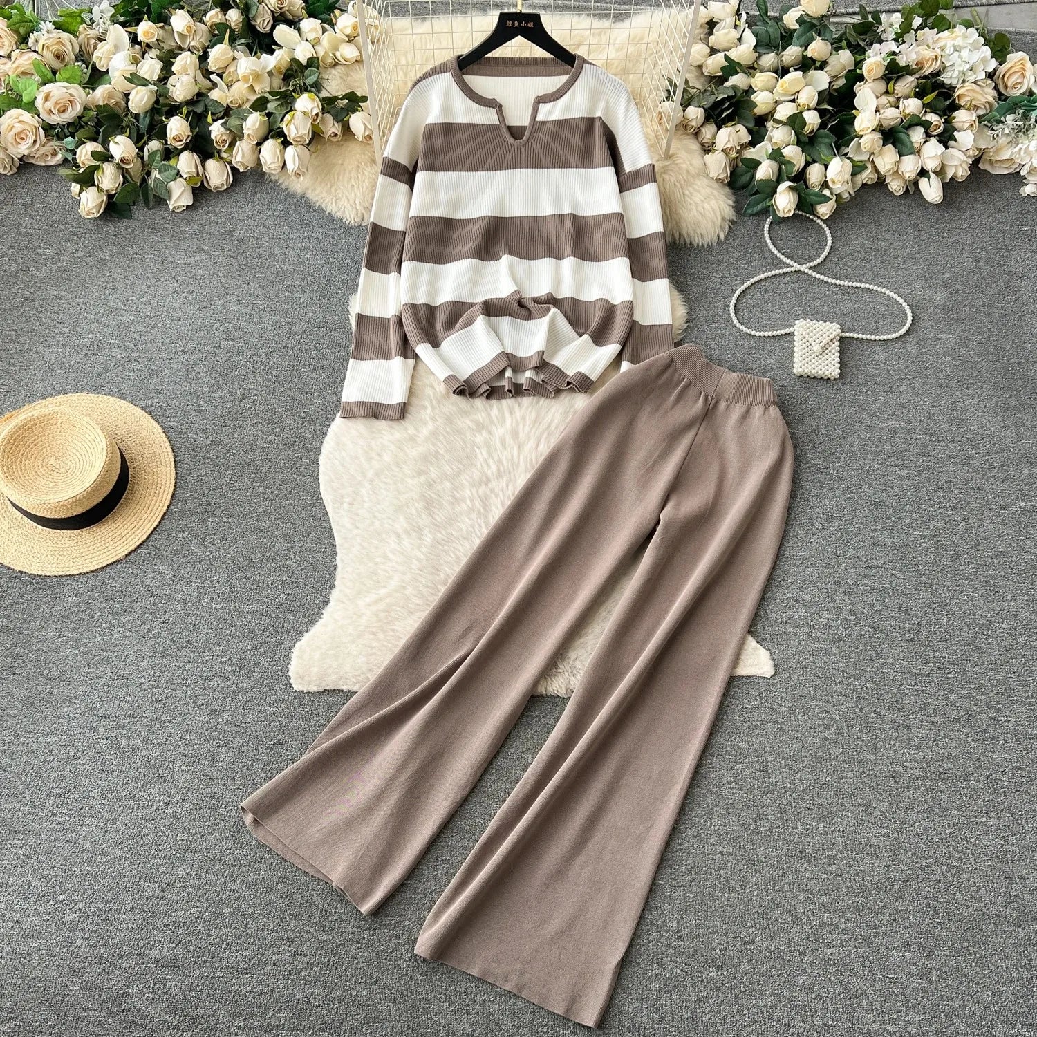 Gorgeous Luxury Elegant Women's Knitted Wide Leg Pant Elastic Waist Pullover Two Pieces Outfits