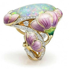 Gorgeous Fashion Gold Colors Floral Ring Lavender Fuchsia Lotus Enamel Oval Cut Fire Stone Ring for Women