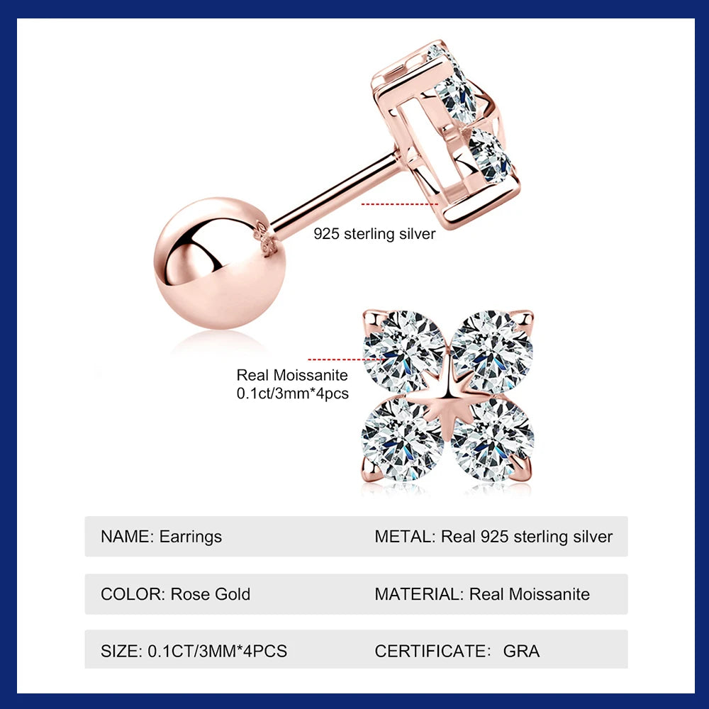 Dazzling Brilliant Rose Gold Four Leaf Clover VVS1/D Moissanite Stud Earrings | GRA Certificate