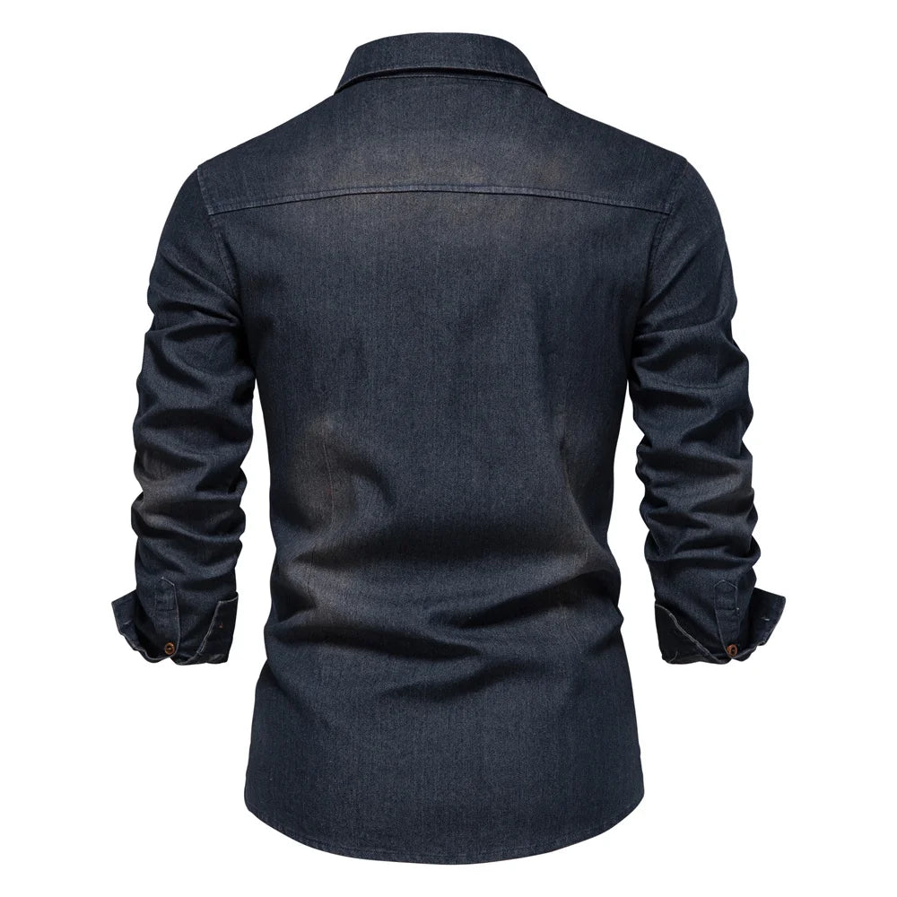 High Quality Stylish Men's Casual Cotton Elastic Long Sleeve Denim Shirt