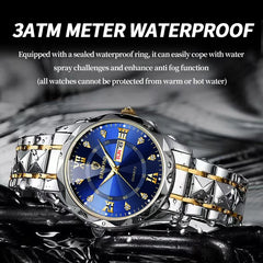 BINBOND Luxury Mens Sport Stainless Steel  Quartz Luminous Glowing Water Resistant Watch