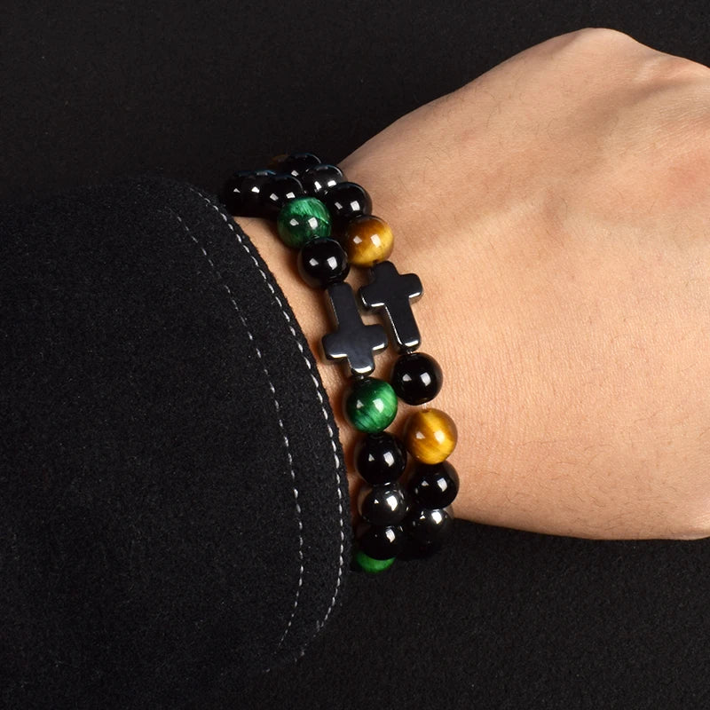 Triple Protection Natural Stones with Cross Bracelet for Women and Men
