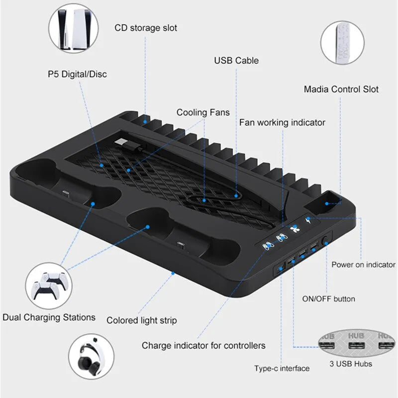PS5 Slim Stand and Cooling Station with RGB 7 LED Controller Charging Station With RGB Light Cooling Fan Dual Controllers Charger For Playstation 5