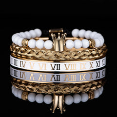 Luxury Set Crown Charm Gold Color Bracelet and Stainless Steel Men's White Enamel Roman Number Bangles
