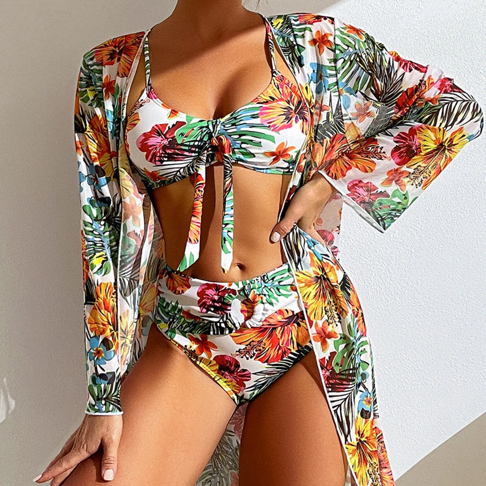Hot Sexy High Waisted Bikini Three Pieces Floral Printed Swimsuit