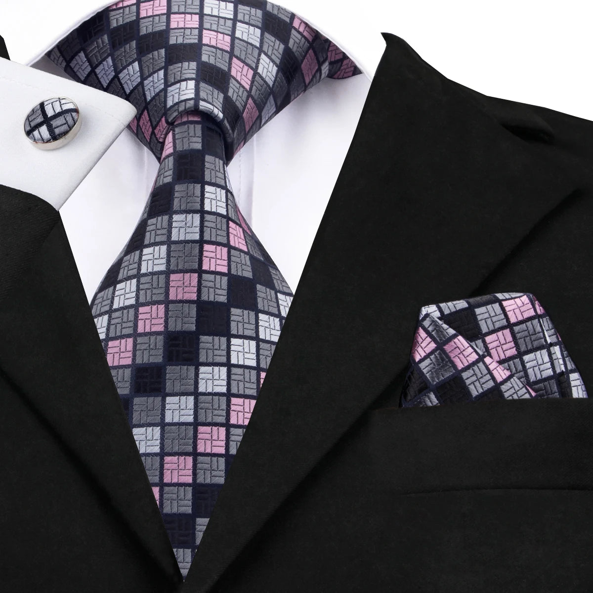 Luxury Hi-Tie 100% Silk Paisley Grey Plaid Novelty Necktie with Pocket Square and Cufflinks Set