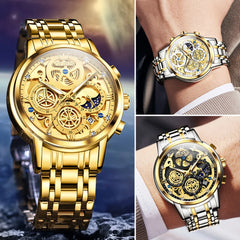 Luxury OLEVS Men's Quartz Watch | Luminous Gold Skeleton| Stainless Steel | Water and Shock Resistant
