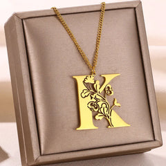 Exquisite Luxury Stainless Steel Alphabet Flower Leaf Vine Initial Letters Pendant Necklace