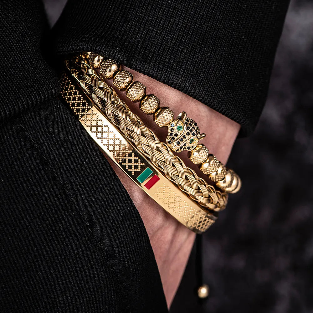 Luxury Handmade Braiding CZ Leopard Head Enamel Green Red Bracelet for Men & Women