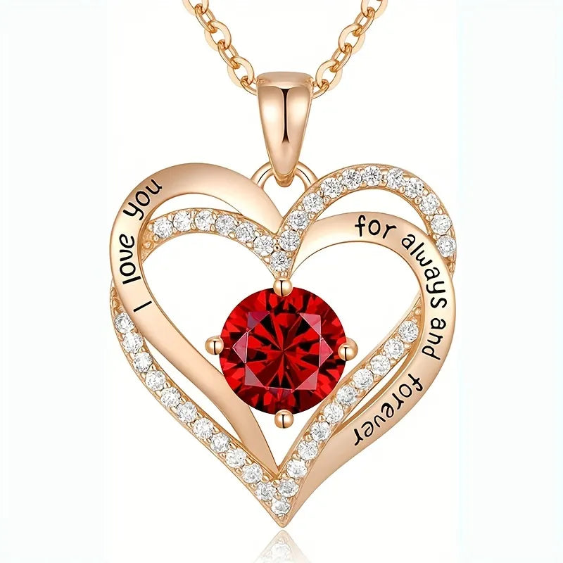 Luxury I Love You Red Zircon Pendant Necklaces With Rose Flower