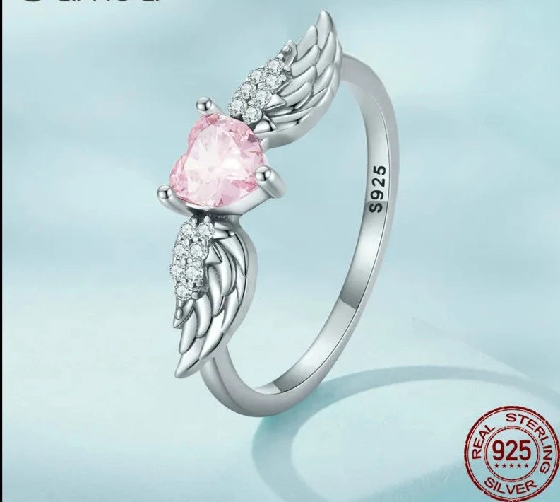 Exquisite Luxury 925 Sterling Silver Love Angel Wings Pink Heart Zircon Ring