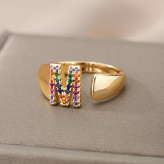 Luxury Adjustable Stainless Steel Rainbow Colorful Zircon Initial Letters Ring for Women and Men