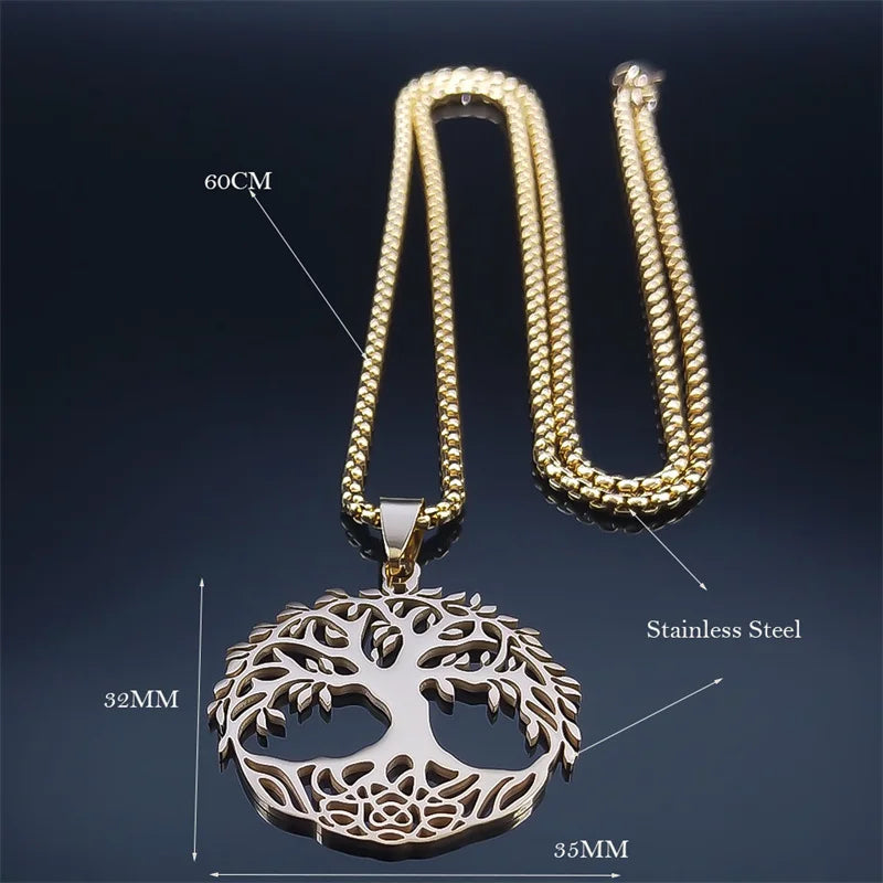 Gorgeous Shiny Stainless Steel Tree of Life Round Necklace