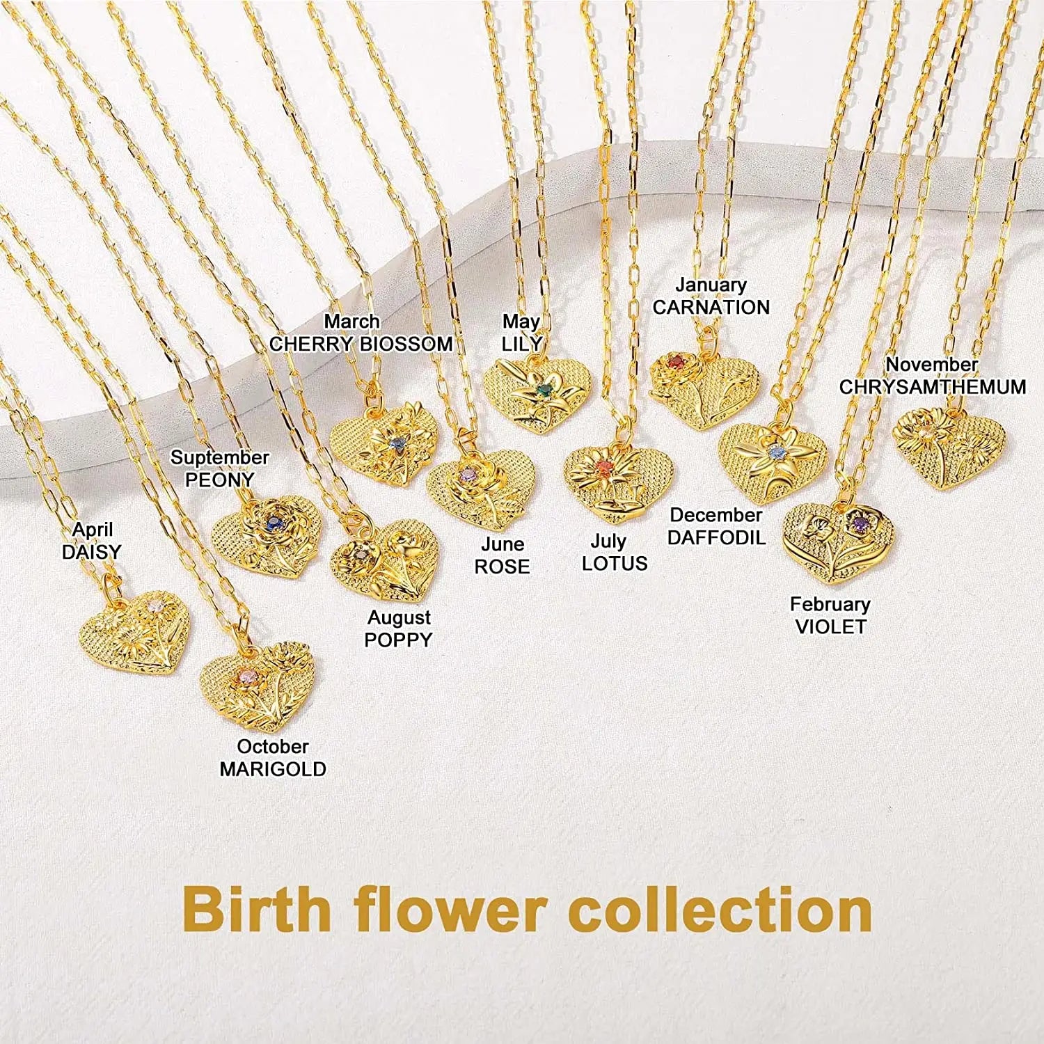 Exquisite 12 Months Birthstone 3D Embossed Rose Heart Flower Shape Necklace for Women and Girls