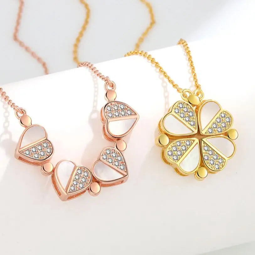Elegant 925 Sterling Silver Four Leaf Heart Clover Shape Pendant Necklace for Women and Girls
