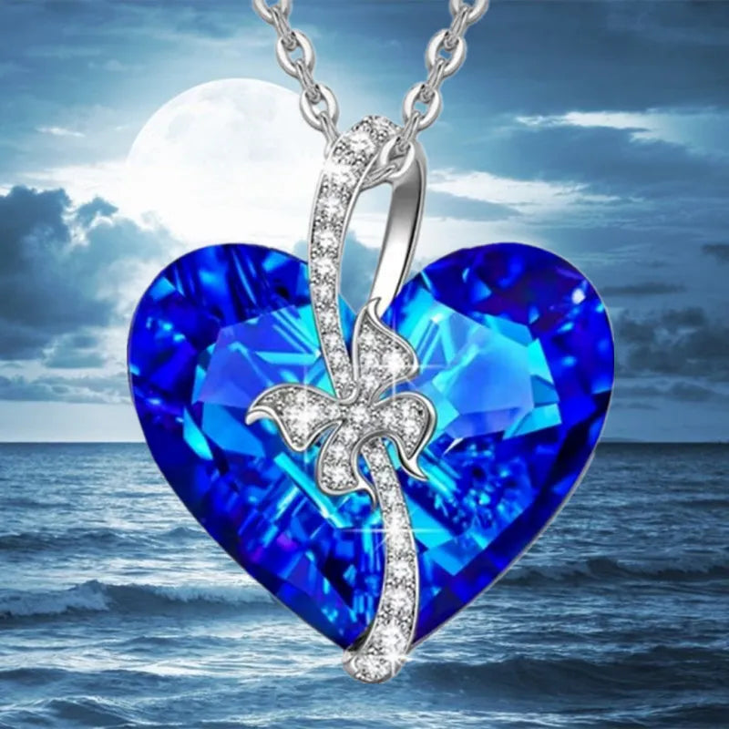 Exquisite Zirconia Heart Blue Crystal Butterfly Rose Pendant Necklace