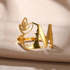 Exquisite Luxury Stainless Steel Gold Flower Face Initial Letters Ring Adjustable for Women and Men