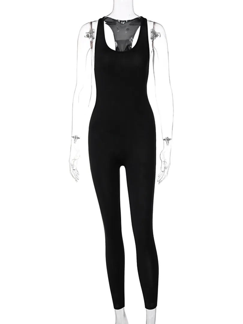 Women Sportwear Hollow Out Jumpsuit Solid Solid Bodycon Bodysuit