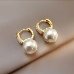 Elegant Simulated Pearl Drop Stud Earrings with sparkling CZ Stones