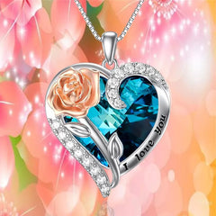 Elegance I Love You Rose Flower  Heart Crystal Pendant Necklace