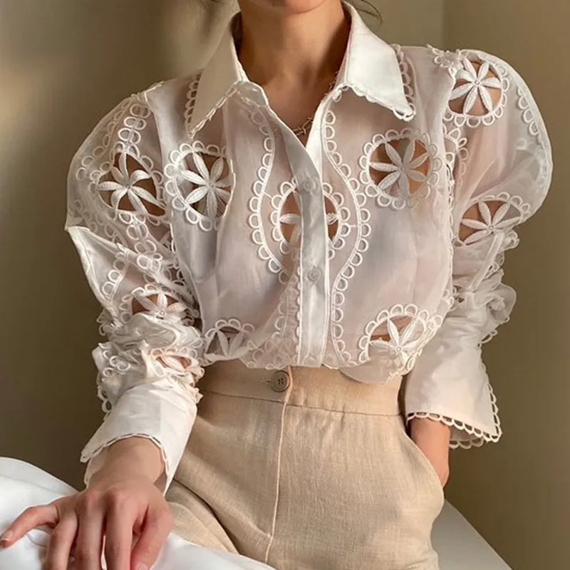 Luxury Sexy White Hollow Floral Embroidery Shirts Blouses