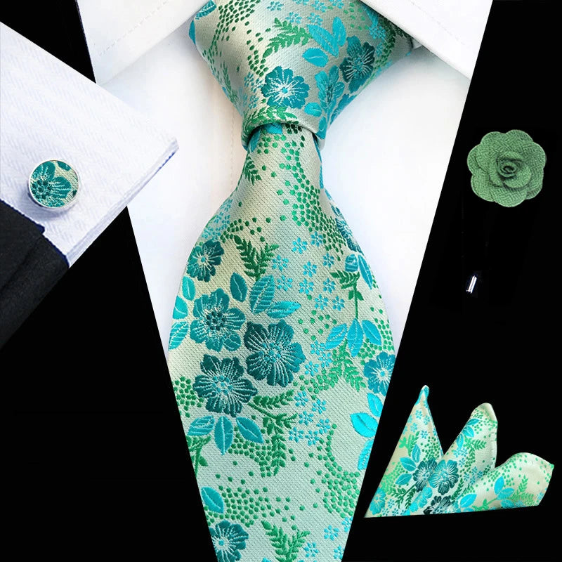 Luxury Floral Pink Necktie with Pocket Square and Cufflinks Set
