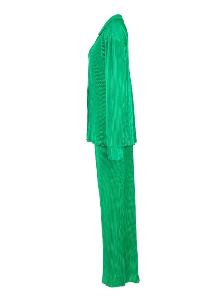 Fashion Stylish Women's Pleated Long Sleeve Oversized Wide Leg Two Piece Set Outfits