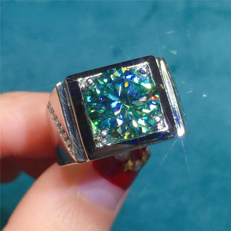 Luxury Sparkling 5CT VVS1/D Brilliant Cut Blue Green Moissanite Ring for Men GRA Certificate