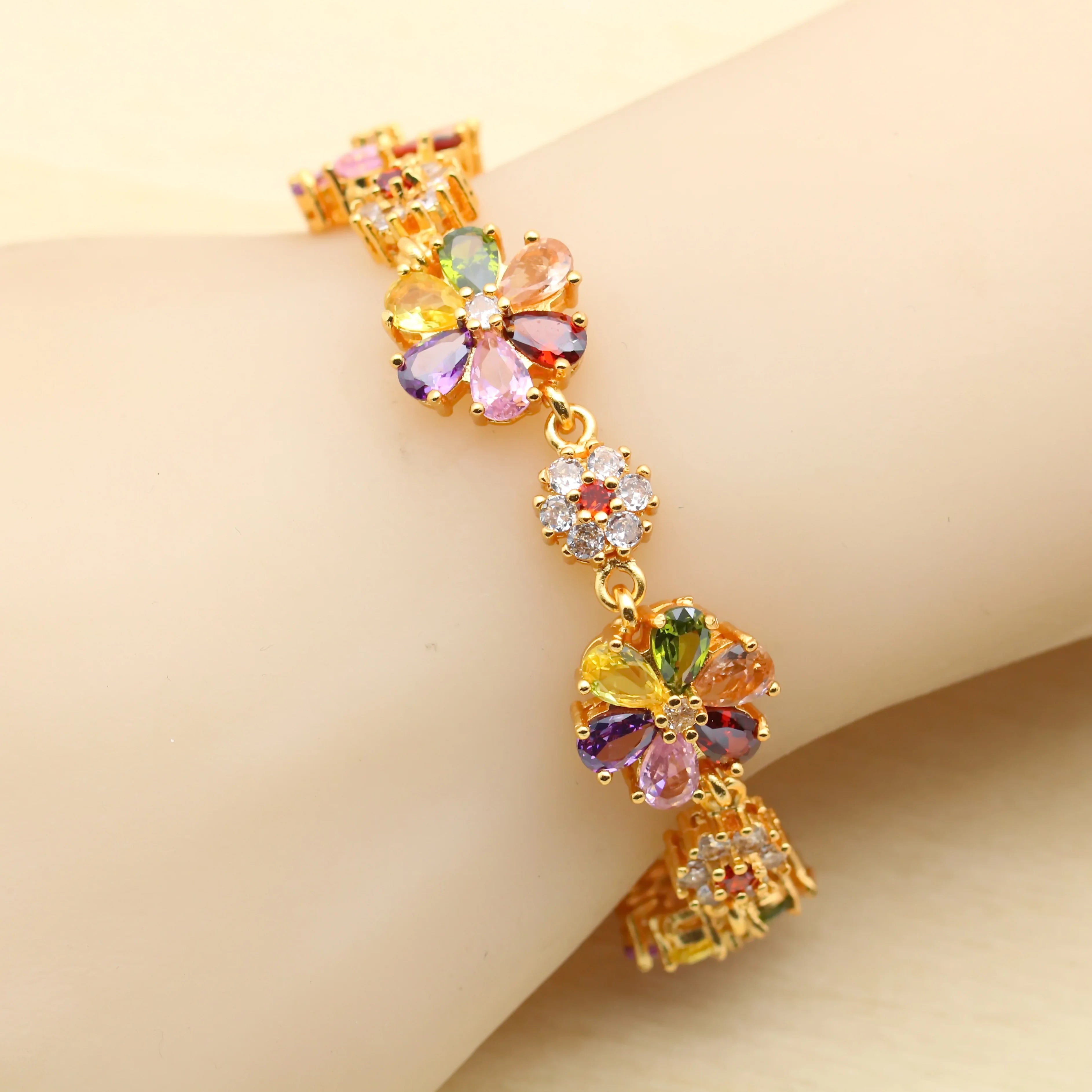 Elegant 18K Gold Plated Multicolor Zirconia flowers Jewelry Set