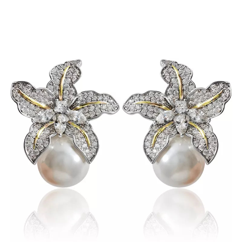 Gorgeous Flower Pearl Inlaid Sparkling CZ Stone Earrings