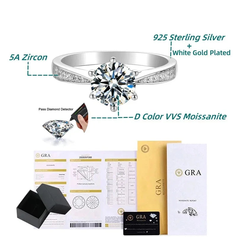 Elegant Sparkling 3CT VVS1/D Real Moissanite Rings GRA Certified