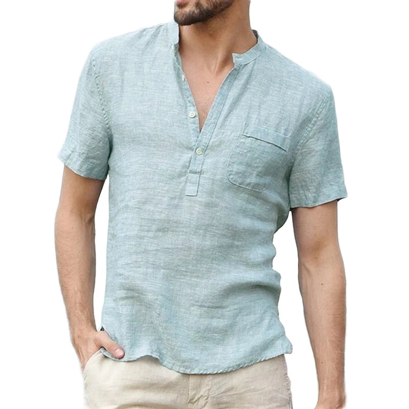 Men Cotton Linen Short Sleeve V-Collar Breathable Casual T-Shirt