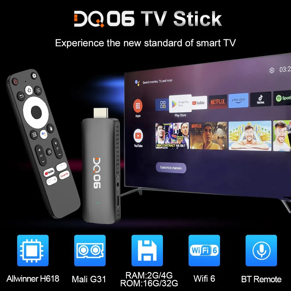 DQ06 ATV Mini TV Stick Android12 Allwinner H618 Quad Core Cortex A53 Support 8K Video 4K Wifi6 BT Voice Remote Smart TV Box