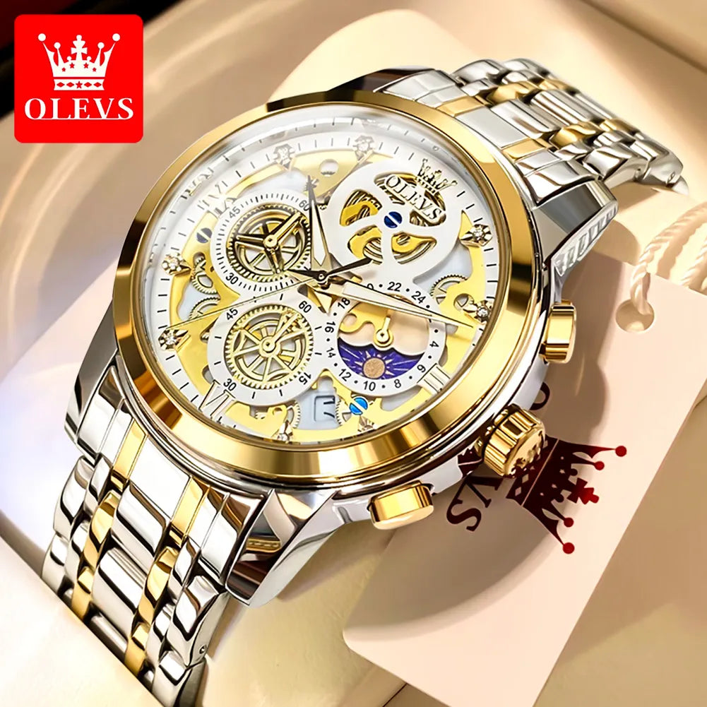 Luxury OLEVS Men's Quartz Watch | Luminous Gold Skeleton| Stainless Steel | Water and Shock Resistant
