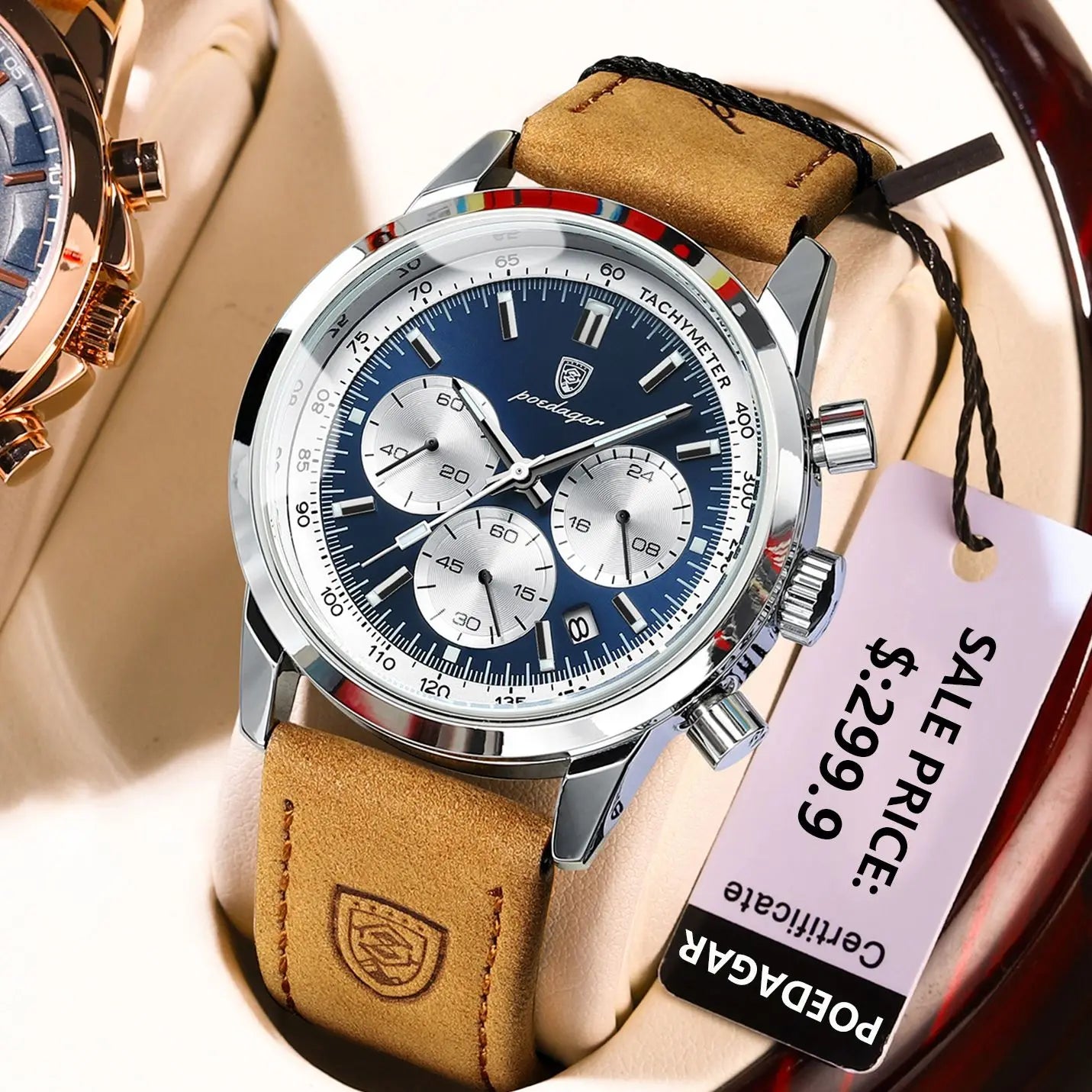 POEDAGAR Top Luxury Men's Leather Sport Watch Chronograph Luminous Quartz Waterproof