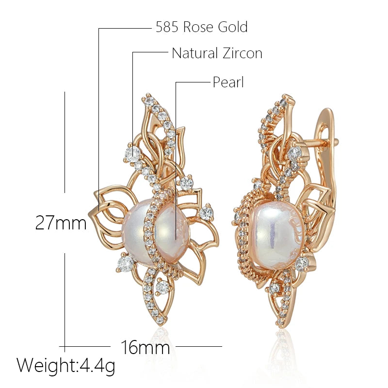 Exquisite Luxury 585 Rose Gold Drop Earrings | Geometric Hollow Design with Natural Zircon Pearl Accents