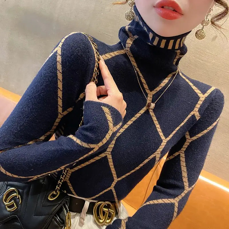 Gorgeous Luxury Women's Knitted High Neck Striped Slim Turtleneck Sweaters