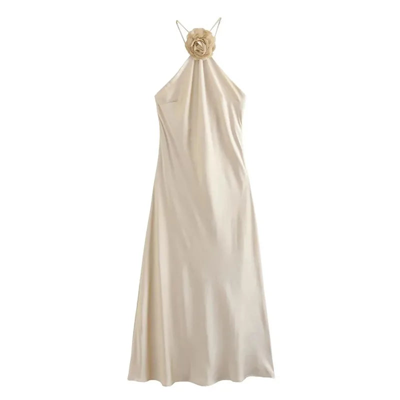 New Arrival - Gorgeous Elegant Sexy Women's White Flower Halter Satin Dress