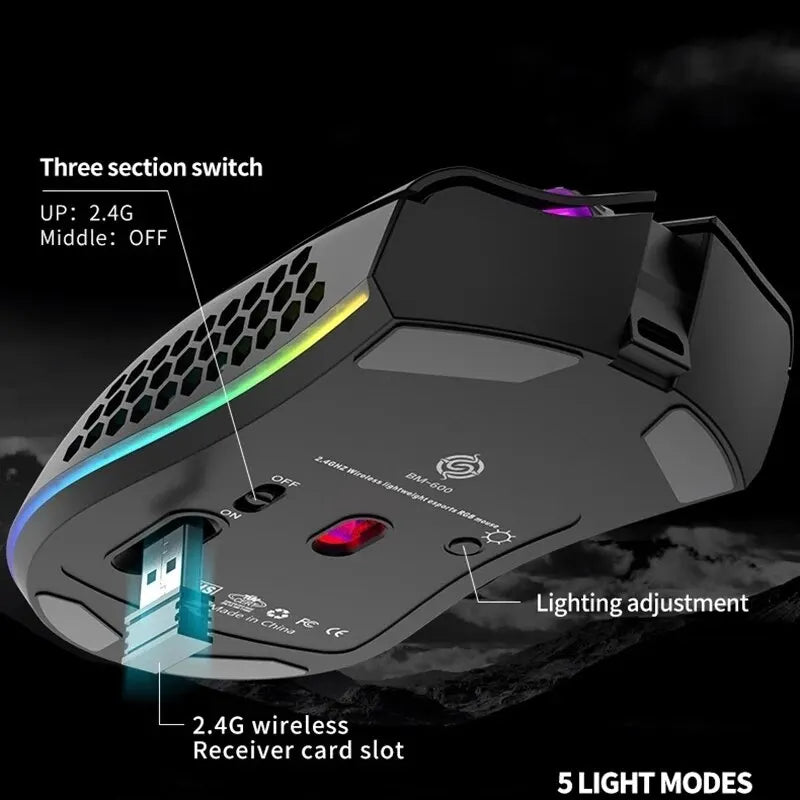 Rechargeable Gaming Mouse BM600 USB 2.4G Wireless RGB Light Honeycomb 3 DPI levels 800-1200-1600DPI