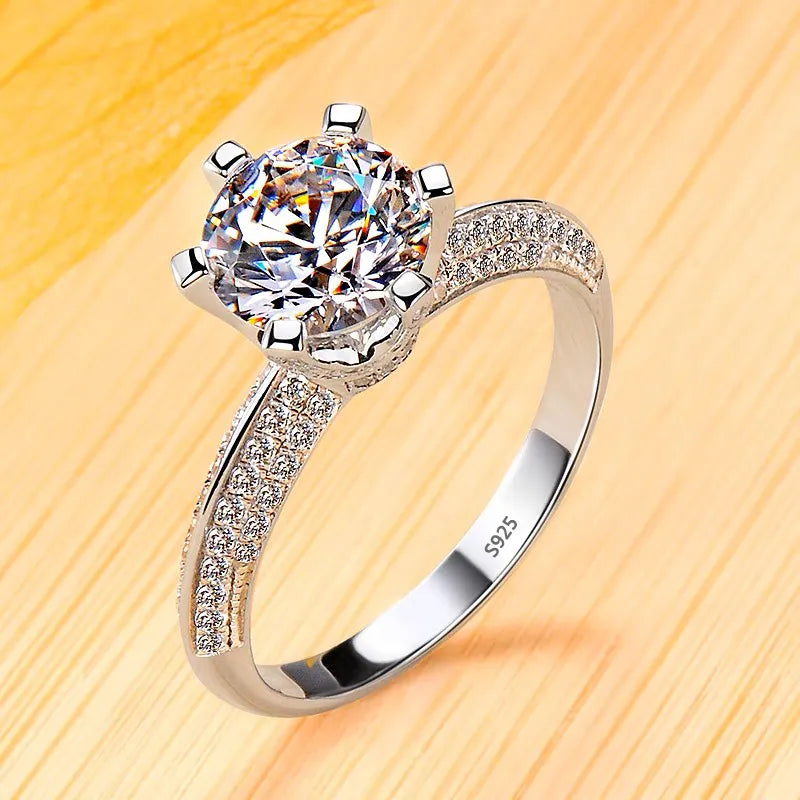 Luxury Brilliant 18K Gold Plated and S925 Sterling Silver 2CT Cubic Zirconia Wedding Engagement Ring