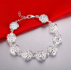Exquisite Charm 925 Sterling Silver Rose Flower Chain Bracelet
