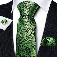 Barry.Wang Silk Paisley Tie Green Teal Blue Necktie with Pocket Square and Cufflinks Set