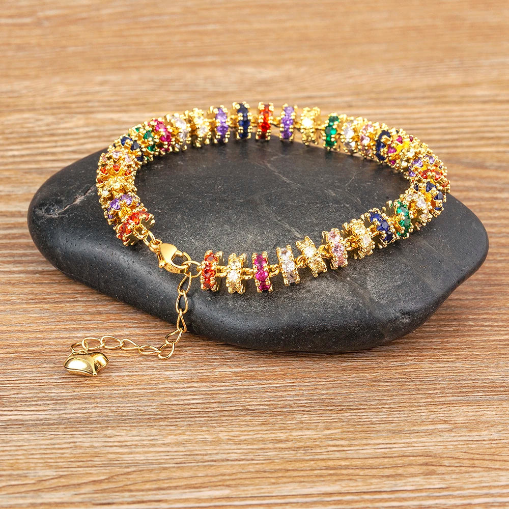 Exquisite Gold Plated Colorful Crystal Zircon Heart Shape Charm Bracelet for Women and Girls