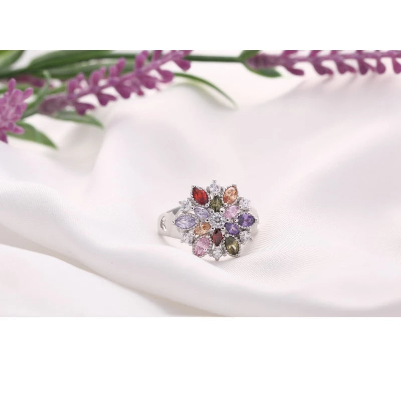Gorgeous 925 Sterling Silver Colorful Cubic Zirconia Unique Flower Design Rings
