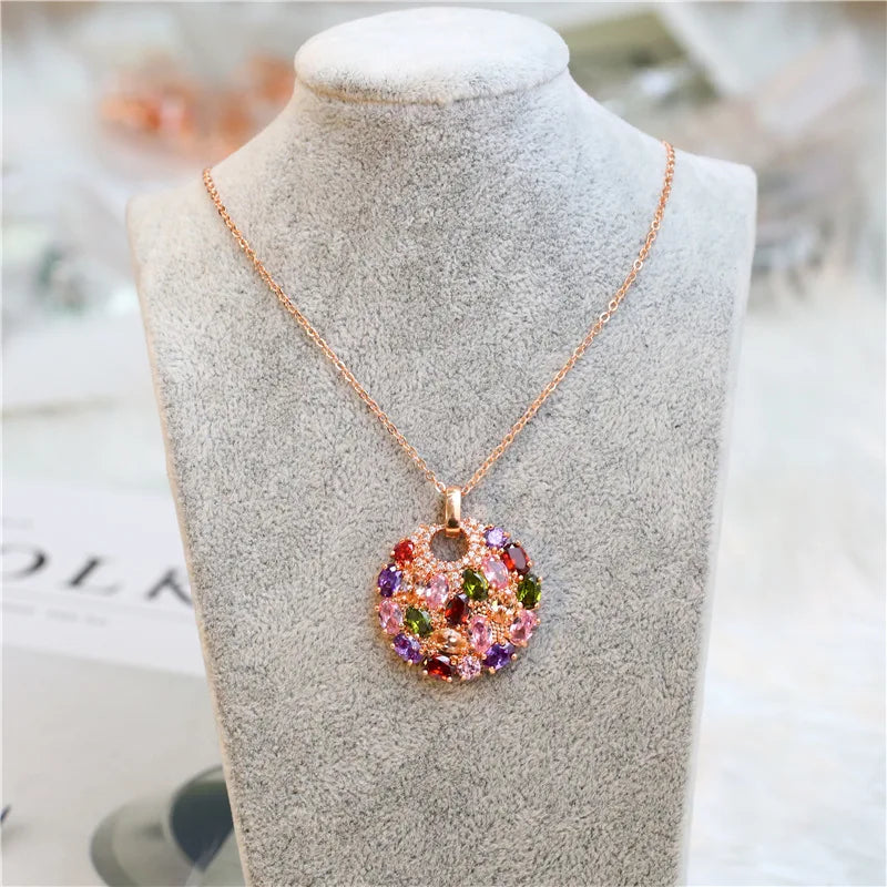 Gorgeous Luxury Shiny Colorful Zircon Multicolor Flower Pendant Necklace For Women