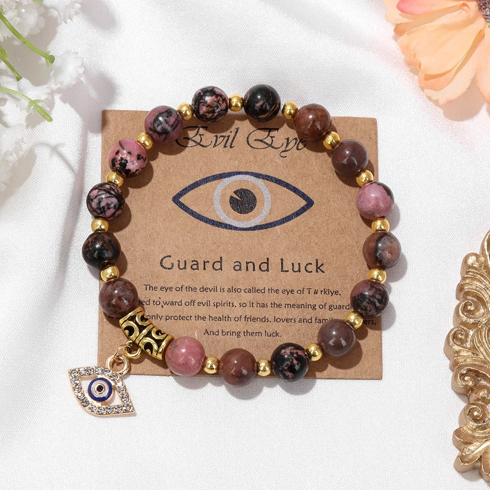 Gorgeous Lucky Turkish Evil Eye Pendant Beads Bracelet Natural Stone With Card Charm Bangles for Women and Men