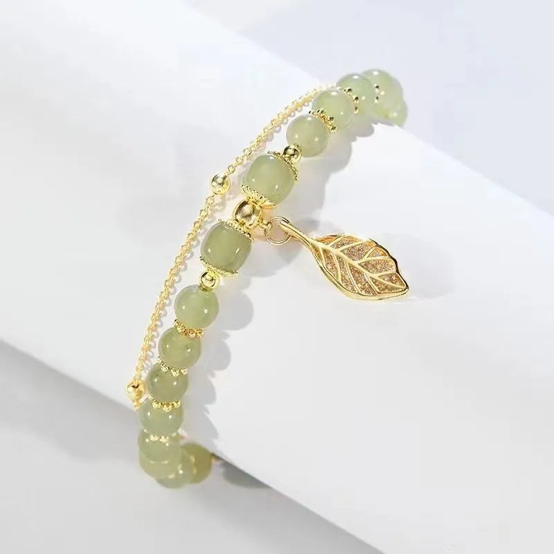 Gorgeous Luxury Hetian Jade Bracelet Leaves Double Layer Bracelet for Women and Girls